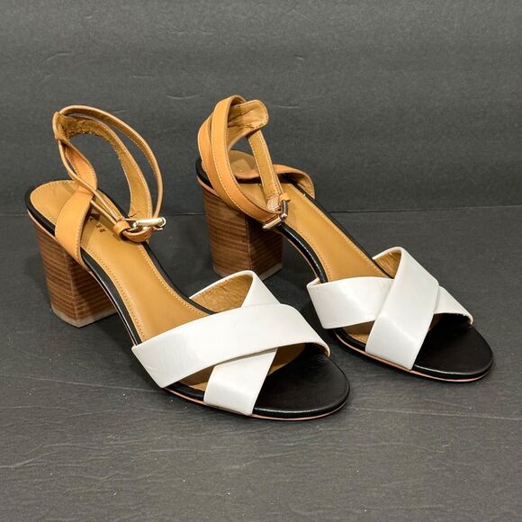 Coach Open Toe Heels Women's 9B White Brown Two Tone Crossover Ankle Strap - Picture 10 of 11